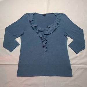 Rafaella Shirt Women's Medium Blue Ruffle Top Long Sleeve Tee Round Neck Blouse